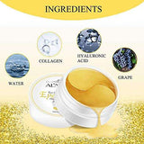 24K Gold Under Eye Masks, two curved gold gel pads in an open white jar with water, collagen, hyaluronic acid and grape ingredient graphics