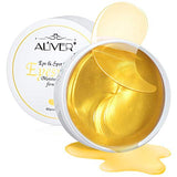 24K Gold Under Eye Masks are shiny gold hydrogel patches in a clear round container with a matching jar lid
