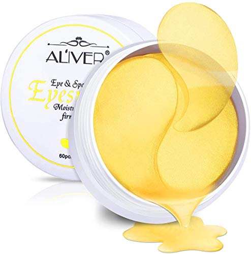 24K Gold Under Eye Masks with shiny golden gel pads, curved teardrop shapes and a clear gel texture