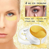 24K Gold Under Eye Masks show golden gel patches beside an open white jar, with one patch worn under an eye