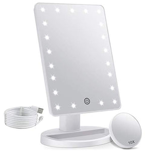 Makeup Vanity Mirror with Lights, Lighted Makeup Mirror with Detachable 10X Magnification, 21 Led Lights Adjustable Dimming Touch Sensor, Dual Power Supply, 180° Rotation, Portable Cosmetic Mirror