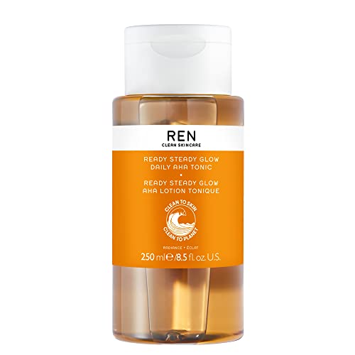 REN Clean Skincare Glow Tonic - Daily Facial Brightening - Exfoliate, Hydrate & Even Skin Tone with Resurfacing AHAs & BHAs - Cruelty Free & Vegan Pore Reducing Toner, 250ml