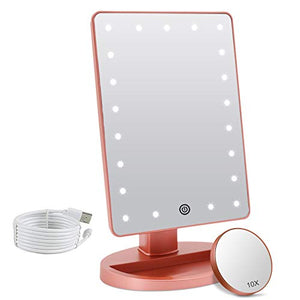 Makeup Vanity Mirror with Lights, Lighted Makeup Mirror with Detachable 10X Magnification, 21 Led Lights Adjustable Dimming Touch Sensor, Dual Power Supply, 180° Rotation, Portable Cosmetic Mirror