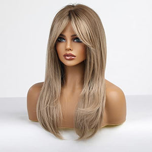 HAIRCUBE Long Blonde Wigs for Women Synthetic Hair Wig with Fringe Ombre Color