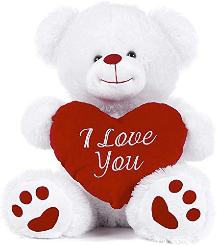 Paws White Teddy Bear holding Red Heart with I Love You written on it