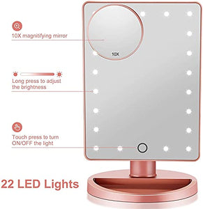 Makeup Vanity Mirror with Lights, Lighted Makeup Mirror with Detachable 10X Magnification, 21 Led Lights Adjustable Dimming Touch Sensor, Dual Power Supply, 180° Rotation, Portable Cosmetic Mirror