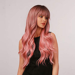 Esmee 24" Synthetic Wigs for Women Dark Roots Long Wig with Bangs Ombre Wavy Hair Realistic Simulation Scalp Middle Part