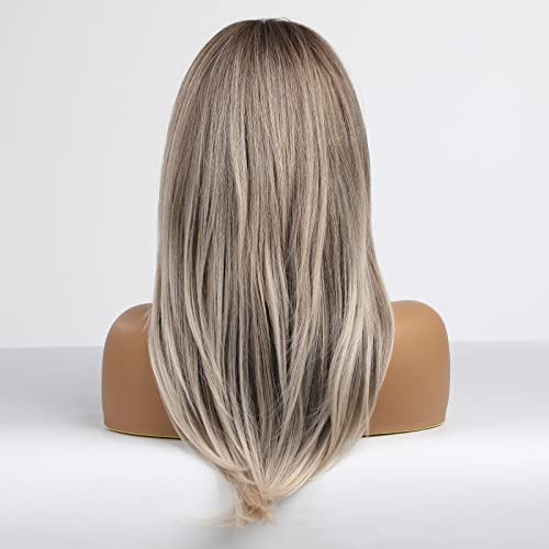 HAIRCUBE Long Blonde Wigs for Women Synthetic Hair Wig with Fringe Ombre Color