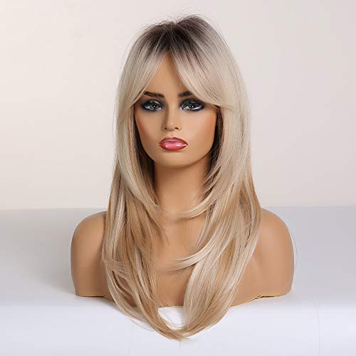 HAIRCUBE Long Blonde Wigs for Women Synthetic Hair Wig with Fringe Ombre Color