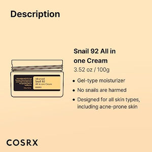 COSRX Advanced Snail 92 All in one Cream, 3.53 oz/100g | Moisturizing Snail Mucin Secretion Filtrate 92% | Facial Moisturiser, Long Lasting, Deep & Intense Hydration, Korean Skin Care