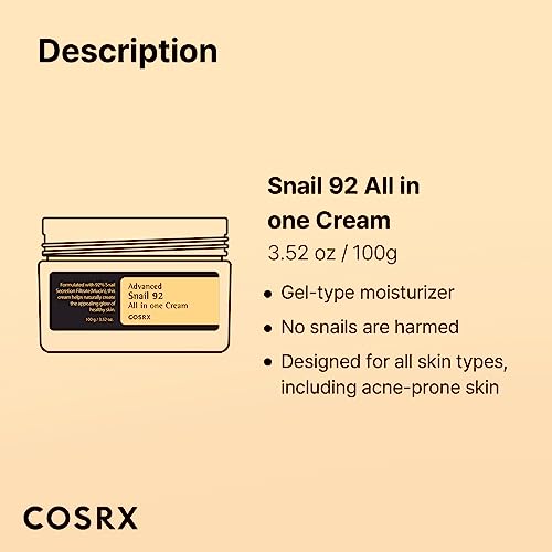 COSRX Advanced Snail 92 All in one Cream, 3.53 oz/100g | Moisturizing Snail Mucin Secretion Filtrate 92% | Facial Moisturiser, Long Lasting, Deep & Intense Hydration, Korean Skin Care