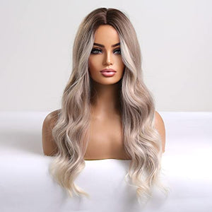 HAIRCUBE Long Curly Brown Wigs for Women Synthetic Hair Wig Middle Parting