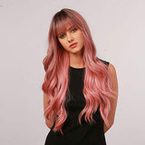 Esmee 24" Synthetic Wigs for Women Dark Roots Long Wig with Bangs Ombre Wavy Hair Realistic Simulation Scalp Middle Part