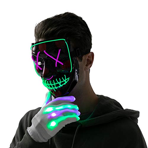 Halloween Led Mask Light Up Scary Mask and Gloves with 3 Lighting Modes for Halloween Cosplay Costume and Party Supplies