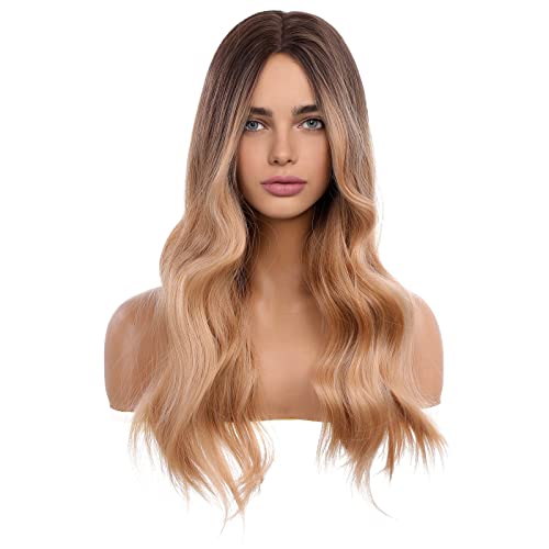 HAIRCUBE Long Curly Brown Wigs for Women Synthetic Hair Wig Middle Parting