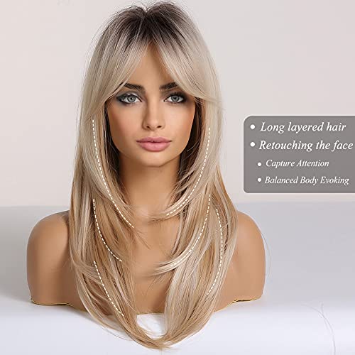 HAIRCUBE Long Blonde Wigs for Women Synthetic Hair Wig with Fringe Ombre Color