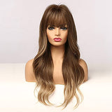 Esmee 24" Synthetic Wigs for Women Dark Roots Long Wig with Bangs Ombre Wavy Hair Realistic Simulation Scalp Middle Part