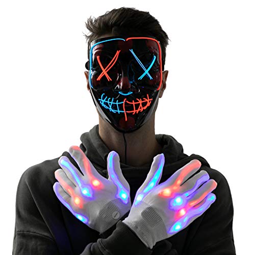 Halloween Led Mask Light Up Scary Mask and Gloves with 3 Lighting Modes for Halloween Cosplay Costume and Party Supplies