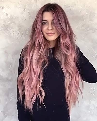 colorful panda Long Pink Wigs for Women Natural Synthetic Hair Ombre Pink Wig with Dark Roots Synthetic Wig Loose Wavy Wigs Heat Resistant 26 Inches