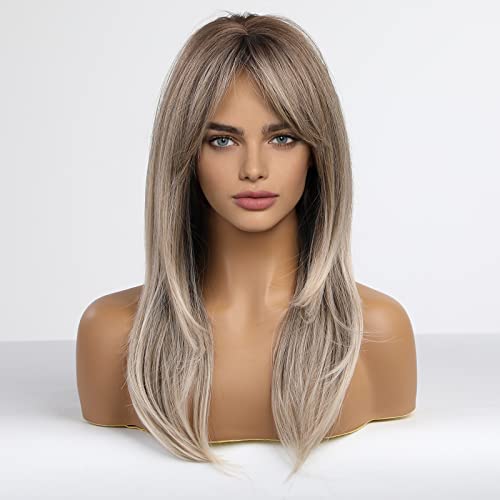 HAIRCUBE Long Blonde Wigs for Women Synthetic Hair Wig with Fringe Ombre Color