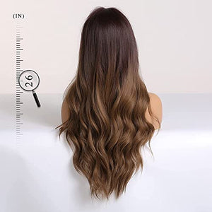 HAIRCUBE Long Curly Brown Wigs for Women Synthetic Hair Wig Middle Parting