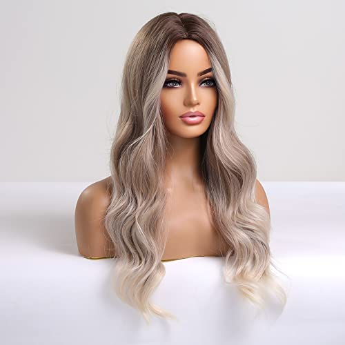 HAIRCUBE Long Curly Brown Wigs for Women Synthetic Hair Wig Middle Parting