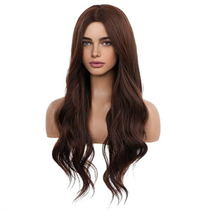 HAIRCUBE Long Curly Brown Wigs for Women Synthetic Hair Wig Middle Parting