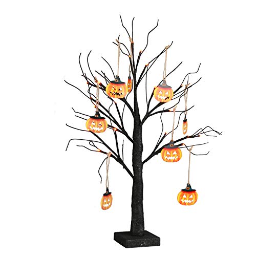 Eambrite Small Black Glitter Halloween Tree Light with 24 Orange LEDs Battery Operated Lighted Spooky Pumpkin Display Tree for Party Decoration