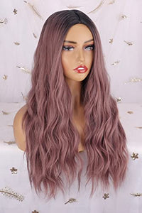 colorful panda Long Pink Wigs for Women Natural Synthetic Hair Ombre Pink Wig with Dark Roots Synthetic Wig Loose Wavy Wigs Heat Resistant 26 Inches