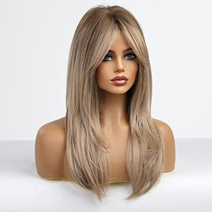 HAIRCUBE Long Blonde Wigs for Women Synthetic Hair Wig with Fringe Ombre Color