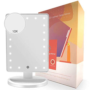 Makeup Vanity Mirror with Lights, Lighted Makeup Mirror with Detachable 10X Magnification, 21 Led Lights Adjustable Dimming Touch Sensor, Dual Power Supply, 180° Rotation, Portable Cosmetic Mirror