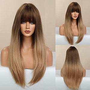 HAIRCUBE 20 Inch Nature Straight Ombre Wigs for White Women Black Root with Brown Hair Synthetic Wigs