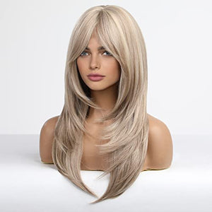 HAIRCUBE Long Blonde Wigs for Women Synthetic Hair Wig with Fringe Ombre Color