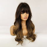 Esmee 24" Synthetic Wigs for Women Dark Roots Long Wig with Bangs Ombre Wavy Hair Realistic Simulation Scalp Middle Part