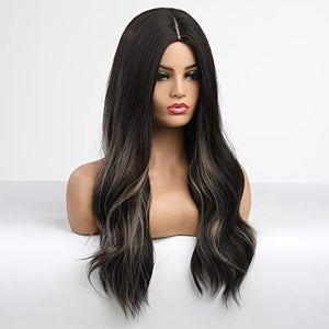 HAIRCUBE Long Curly Brown Wigs for Women Synthetic Hair Wig Middle Parting