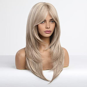 HAIRCUBE Long Blonde Wigs for Women Synthetic Hair Wig with Fringe Ombre Color