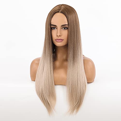 HAIRCUBE 20 Inch Nature Straight Ombre Wigs for White Women Black Root with Brown Hair Synthetic Wigs