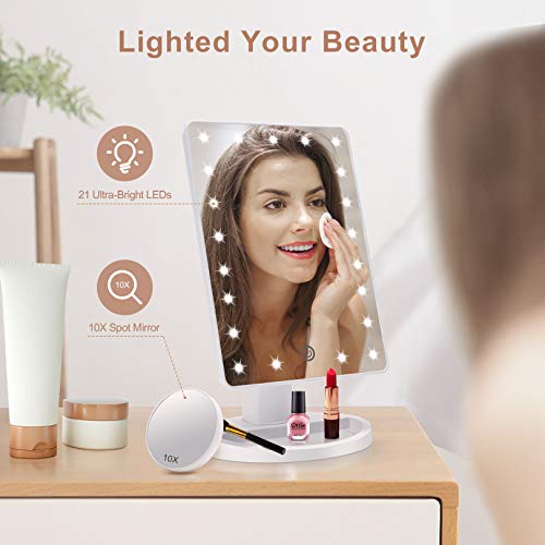 Makeup Vanity Mirror with Lights, Lighted Makeup Mirror with Detachable 10X Magnification, 21 Led Lights Adjustable Dimming Touch Sensor, Dual Power Supply, 180° Rotation, Portable Cosmetic Mirror