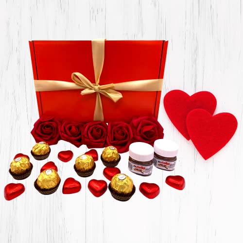 Valentines gifts for her Hamper chocolate & Roses Bouquet Gift Box Including Ferrero Rocher Chocolates, 5 Roses with stems, Love Heart Chocolates & Nutella Jars