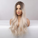 Esmee 24 Inches Long Wavy Mixed Silver Grey Synthetic Hair Wigs for Women Ombre Wig with Dark Roots for Daily Party Cosplay Use