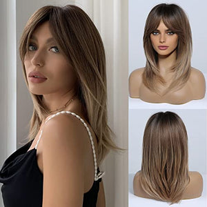 HAIRCUBE Long Blonde Wigs for Women Synthetic Hair Wig with Fringe Ombre Color