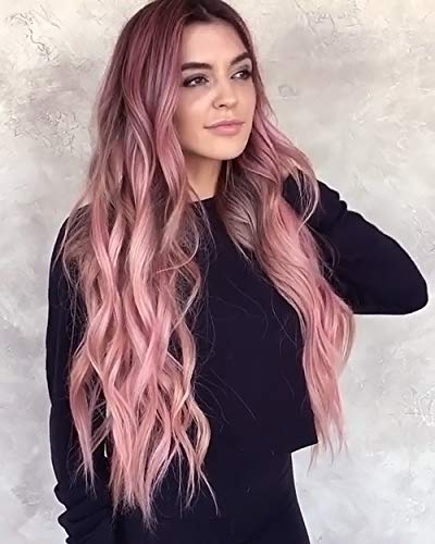 colorful panda Long Pink Wigs for Women Natural Synthetic Hair Ombre Pink Wig with Dark Roots Synthetic Wig Loose Wavy Wigs Heat Resistant 26 Inches