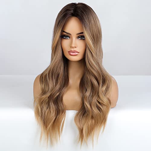 HAIRCUBE Long Curly Brown Wigs for Women Synthetic Hair Wig Middle Parting