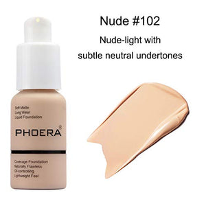 PHOERA 30ml Foundation Liquid Full Coverage 24HR Matte Oil Control Concealer (Nude & Buff Beige) with 6ml Makeup Face Primer & Kabuki Foundation Brush Flat Top