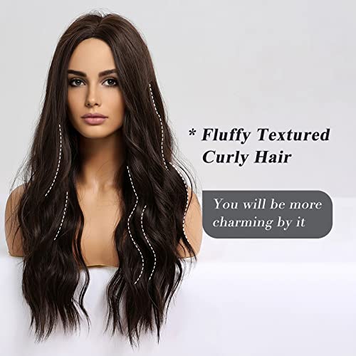 HAIRCUBE Long Curly Brown Wigs for Women Synthetic Hair Wig Middle Parting