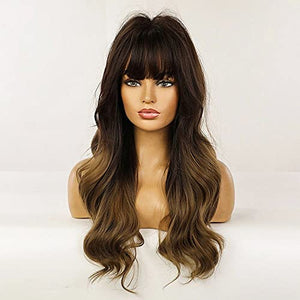 Esmee 24" Synthetic Wigs for Women Dark Roots Long Wig with Bangs Ombre Wavy Hair Realistic Simulation Scalp Middle Part