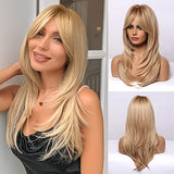 HAIRCUBE Long Blonde Wigs for Women Synthetic Hair Wig with Fringe Ombre Color