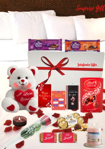 Valentine Hamper Gifts Chocolate Gift Include 1x Ferrero Rocher,1x Lindt Chocolates,1x Scented Candles Yankee Candle,Teddy Bear Love, Red Roses,&More-Best for Anniversary,Mother Days,Birthday.