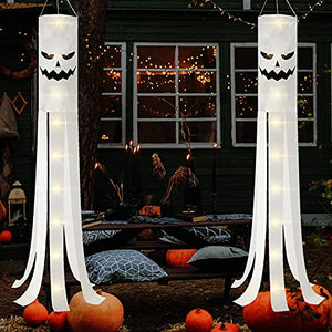 180CM Halloween Windsocks with Light 2 Sets Halloween Windsock Flags for Hanging Halloween Decoration Hanging Windsocks with Double Sides Ghost Design for Door Garden Window Yard Outdoor Decor