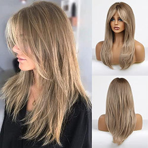 HAIRCUBE Long Blonde Wigs for Women Synthetic Hair Wig with Fringe Ombre Color